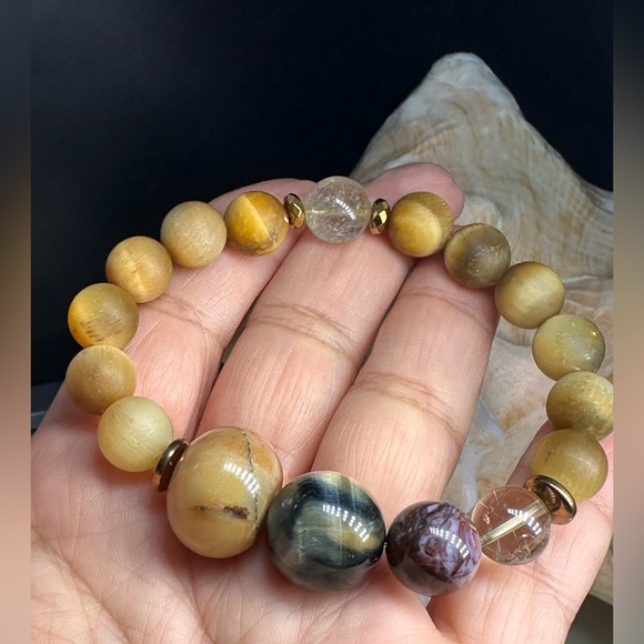 YELLOW TIGERS EYE + PIETERSITE + GOLD RUTILATED NATURAL STONES BRACELET size 7” - Picture 6 of 10